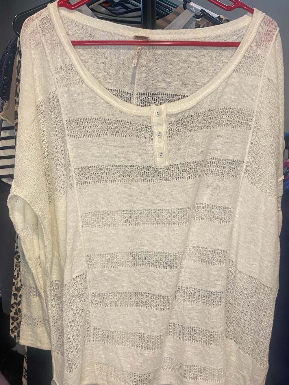 Free People White Striped Open Weave Pointelle Henley Top XS
